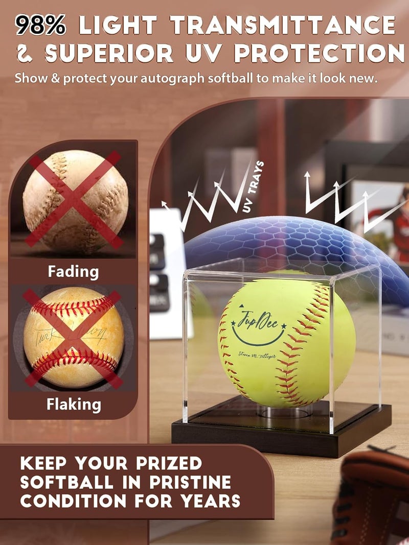 JupDec Softball Display Case Clear Acrylic Ball Holder, UV Protected Cube with Wood Base Stand, Championship Sports Collections Box Showcase, Black - Image 4
